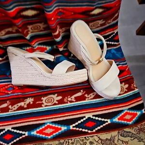 Apricot Espadrille Wedge Slide Sandals, creme color